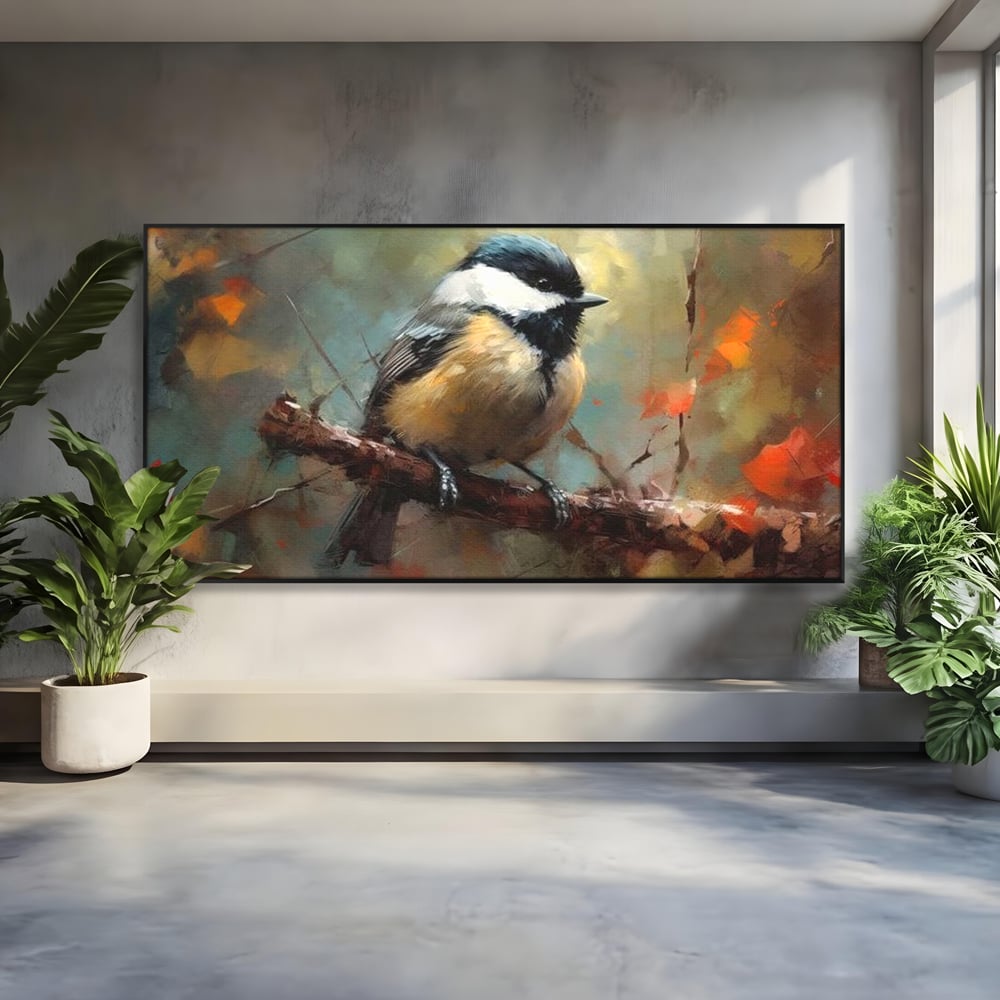 Tablou canvas cu tablou canvas cu pitigoi pe creanga, in rama de aluminiu negru